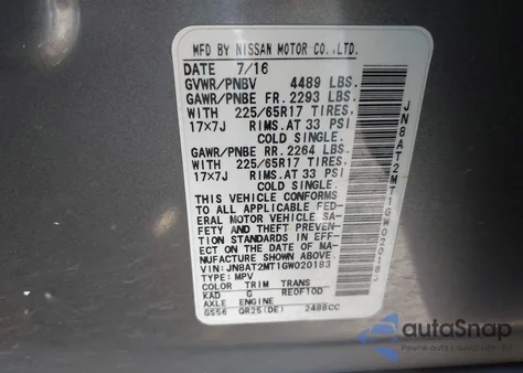 2016 Nissan Rogue S z USA, uszkodzony, nr VIN JN8AT2MT1GW020183
